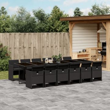 Set mobilier de grădină cu perne, 13 piese, negru, poliratan