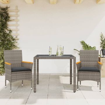 Set mobilier de grădină cu perne 3 piese gri poliratan & sticlă