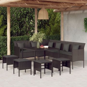 Set mobilier de grădină cu perne, 6 piese, negru, poliratan