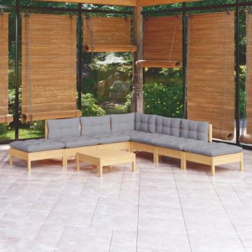 Set mobilier de grădină cu perne, 8 piese, gri, lemn de pin