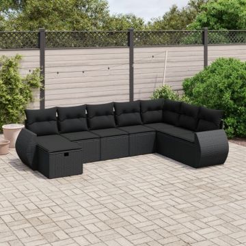Set mobilier de grădină cu perne, 8 piese, negru, poliratan