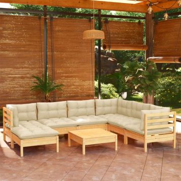 Set mobilier de grădină cu perne crem, 8 piese, lemn masiv pin