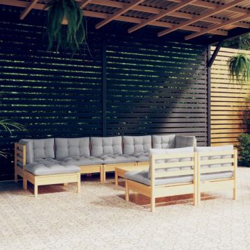 Set mobilier de grădină cu perne gri 10 piese lemn masiv de pin