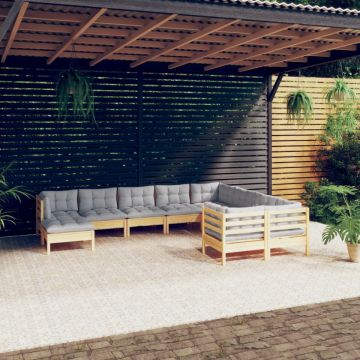 Set mobilier de grădină cu perne gri 10 piese lemn masiv de pin