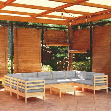 Set mobilier de grădină cu perne gri 10 piese lemn masiv de pin