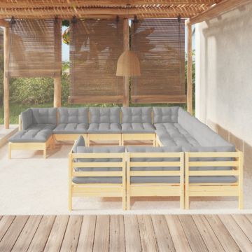 Set mobilier de grădină cu perne gri, 12 piese, lemn de pin
