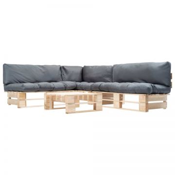 Set mobilier de grădină paleți cu perne gri, 4 piese, lemn