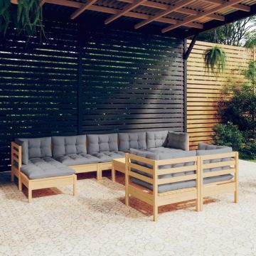 Set mobilier grădină cu perne, 10 piese, gri, lemn masiv pin