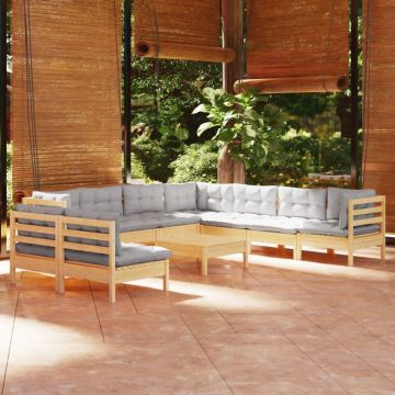 Set mobilier grădină cu perne, 10 piese, gri, lemn masiv pin