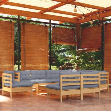 Set mobilier grădină cu perne, 10 piese, gri, lemn masiv pin