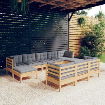 Set mobilier grădină cu perne, 10 piese, gri, lemn masiv pin