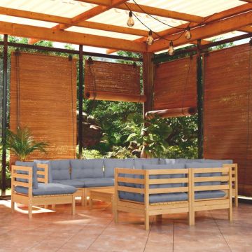 Set mobilier grădină cu perne, 10 piese, gri, lemn masiv pin