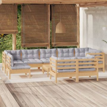 Set mobilier grădină cu perne, 10 piese, gri, lemn masiv pin