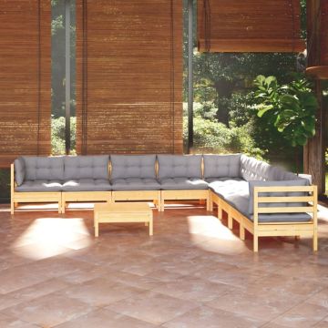 Set mobilier grădină cu perne, 10 piese, gri, lemn masiv pin