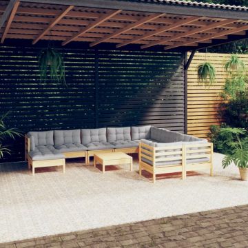 Set mobilier grădină cu perne, 11 piese, gri, lemn masiv pin