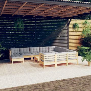 Set mobilier grădină cu perne, 12 piese, gri, lemn masiv pin