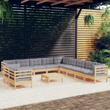 Set mobilier grădină cu perne, 12 piese, gri, lemn masiv pin