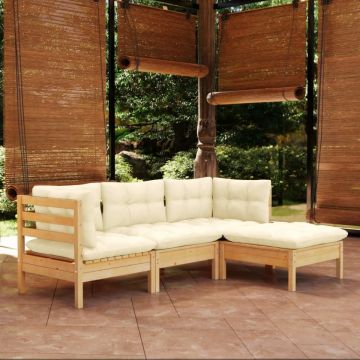 Set mobilier grădină cu perne, 4 piese, crem, lemn de pin