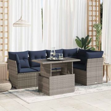 Set mobilier grădină cu perne 6 piese gri poliratan/lemn acacia