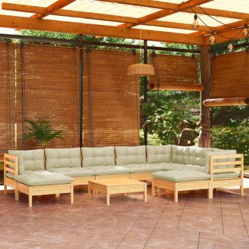 Set mobilier grădină cu perne crem, 10 piese, lemn masiv de pin