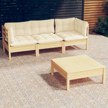 Set mobilier grădină cu perne crem, 4 piese, lemn de pin