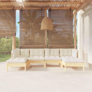 Set mobilier grădină cu perne crem, 6 piese, lemn masiv de pin