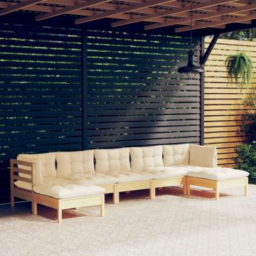 Set mobilier grădină cu perne crem, 7 piese, lemn masiv pin