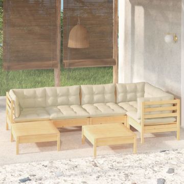 Set mobilier grădină cu perne crem, 7 piese, lemn masiv pin