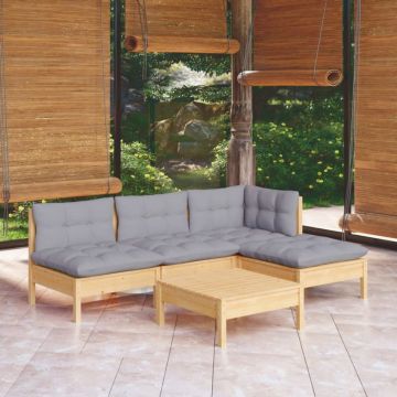 Set mobilier grădină cu perne gri, 5 piese, lemn masiv de pin