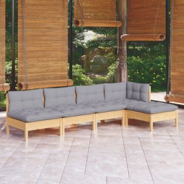 Set mobilier grădină cu perne gri, 5 piese, lemn masiv de pin