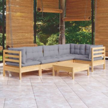 Set mobilier grădină cu perne gri, 6 piese, lemn de pin
