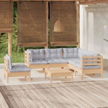 Set mobilier grădină cu perne gri, 6 piese, lemn de pin