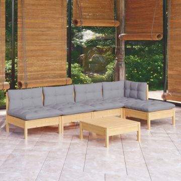 Set mobilier grădină cu perne gri, 6 piese, lemn de pin