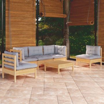 Set mobilier grădină cu perne gri, 6 piese, lemn de pin