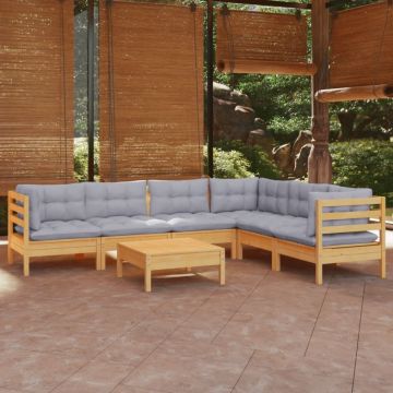 Set mobilier grădină cu perne gri, 7 piese, lemn masiv de pin
