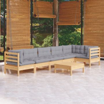Set mobilier grădină cu perne gri, 7 piese, lemn masiv de pin