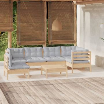 Set mobilier grădină cu perne gri, 7 piese, lemn masiv de pin