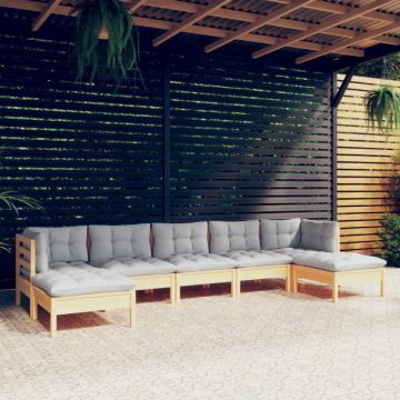 Set mobilier grădină cu perne gri, 7 piese, lemn masiv de pin
