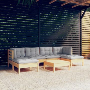 Set mobilier grădină cu perne gri, 7 piese, lemn masiv de pin