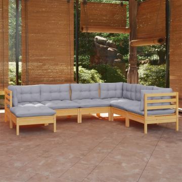 Set mobilier grădină cu perne gri, 7 piese, lemn masiv de pin