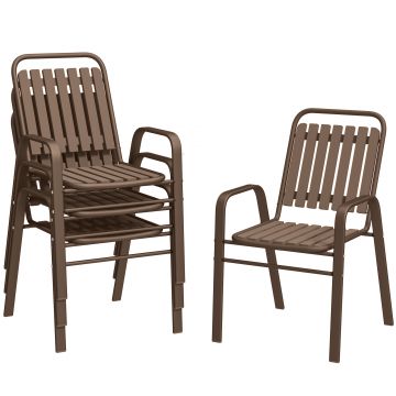 Outsunny Set de 4 Scaune de Grădină Stivuibile cu Spătar Înalt și Brațe, 56x66x91 cm, Maro Închis | Aosom Romania