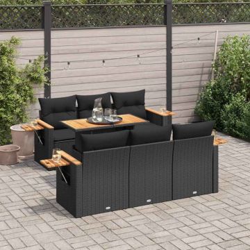 Set canapele grădină perne 7 piese negru, poliratan/lemn acacia