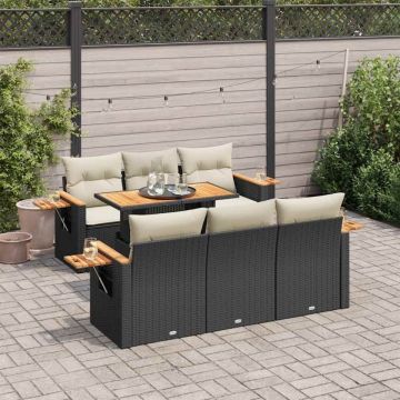 Set canapele grădină perne 7 piese negru, poliratan/lemn acacia