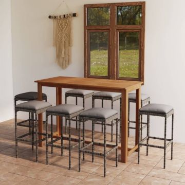 Set mobilier bar de grădină cu perne, 9 piese, gri