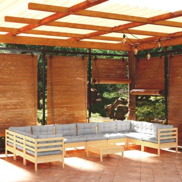 Set mobilier de grădină cu perne, 11 piese, gri, lemn masiv pin