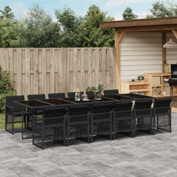 Set mobilier de grădină cu perne, 13 piese, negru, poliratan
