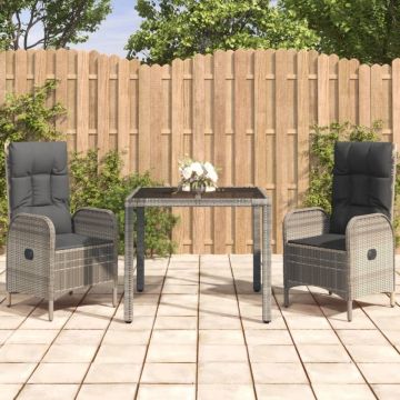 Set mobilier de grădină cu perne, 3 piese, gri, poliratan