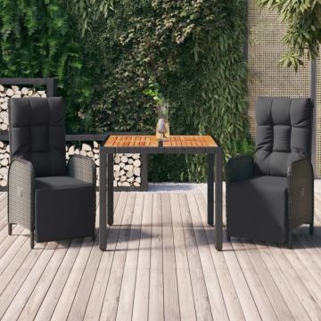 Set mobilier de grădină cu perne, 3 piese, negru, poliratan