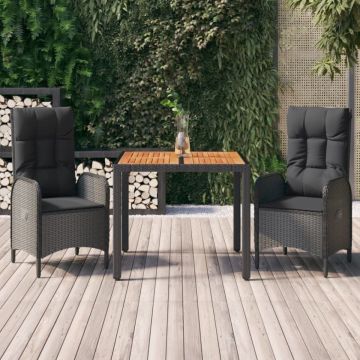 Set mobilier de grădină cu perne, 3 piese, negru, poliratan