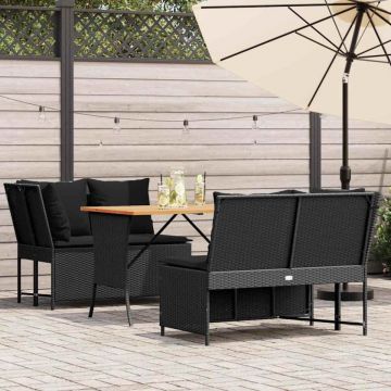 Set mobilier de grădină cu perne, 3 piese, negru, poliratan